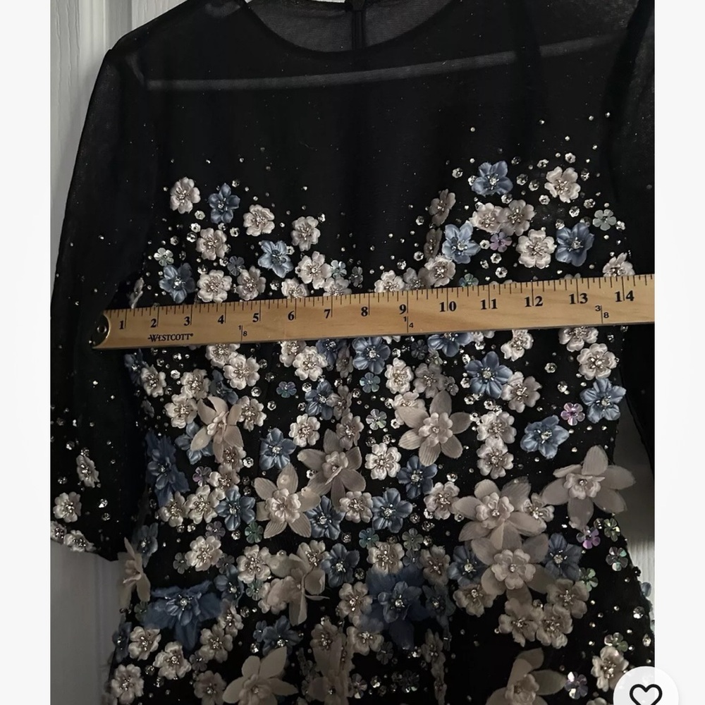 Mac Duggal Floral Appliqué Midi Cocktail Dress Size 6 Mesh romantic Edgy Lined - Picture 6 of 14